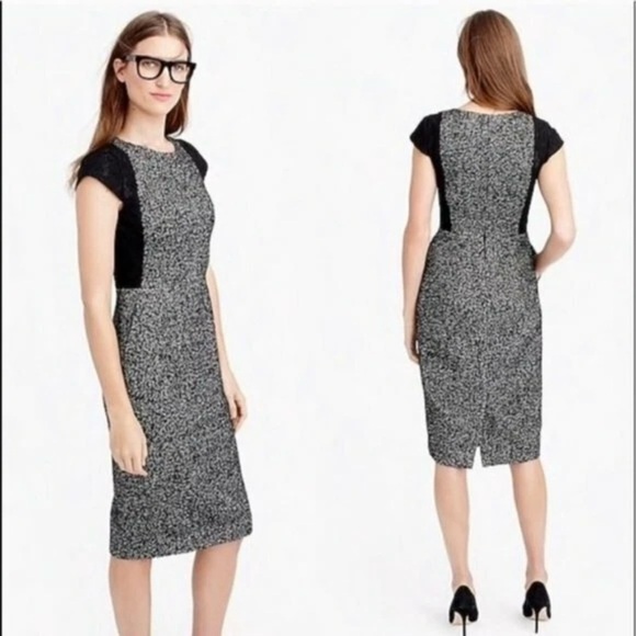 J Crew Black White Tweed Lace Cap Sleeve Contrast Sheath Dress Wool Blend Size 2 - Picture 1 of 10
